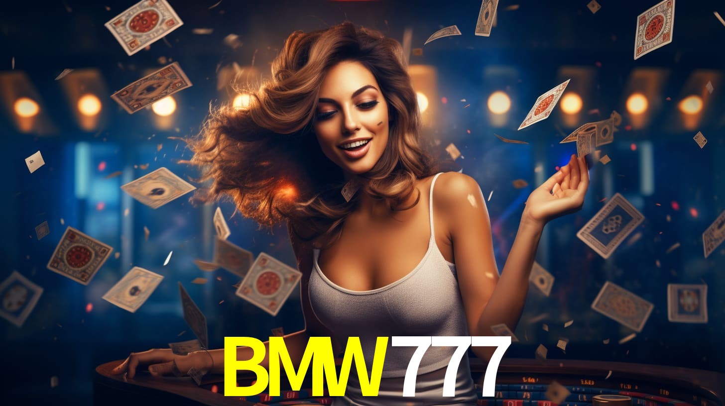 Una escena digital vívida inspirada en casino con BMW777 mostrado prominentemente, luces brillantes, fichas, cartas y acentos dorados.