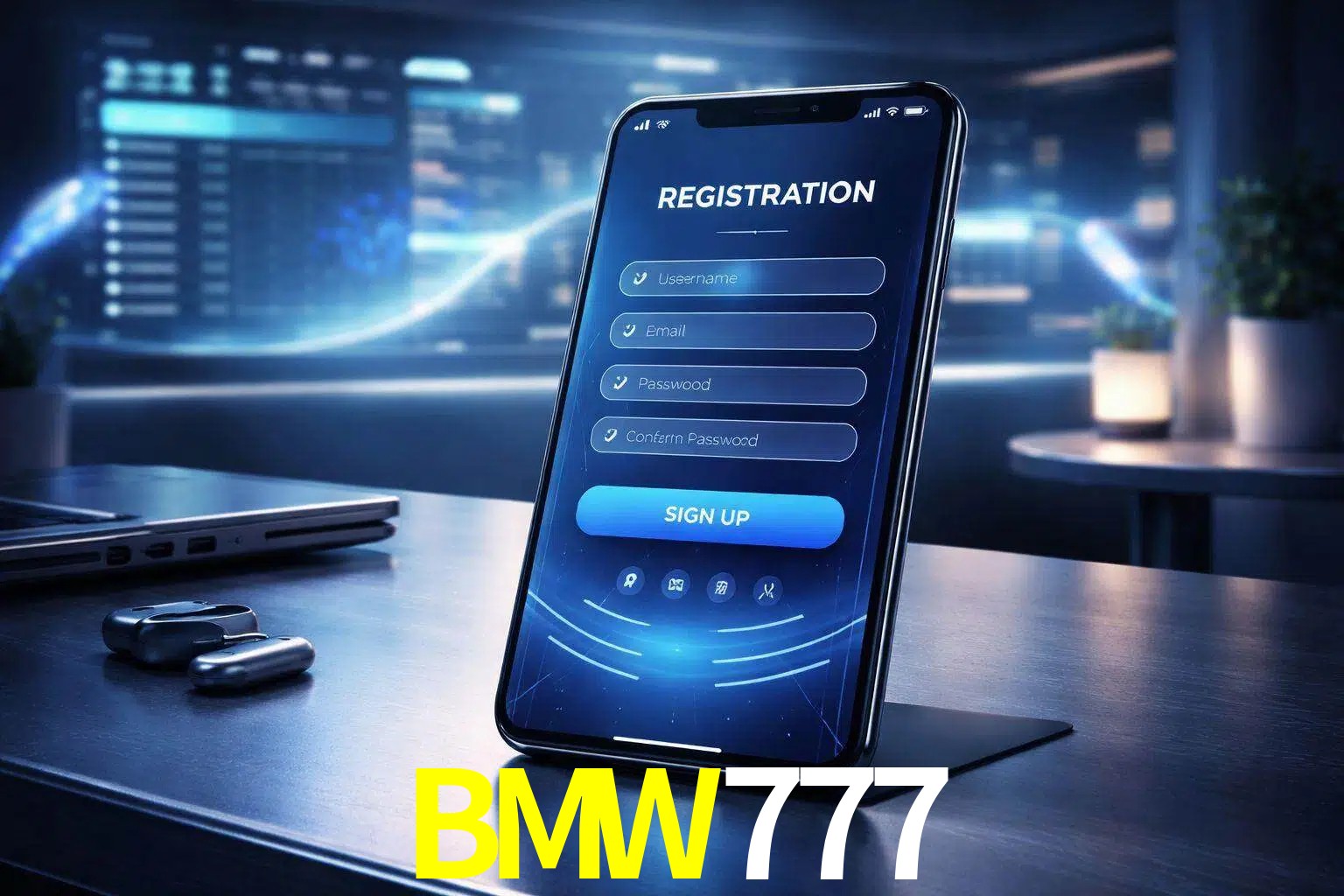 Una interfaz moderna de registro móvil para BMW777 mostrada en un smartphone con un panel de apuestas elegante.
